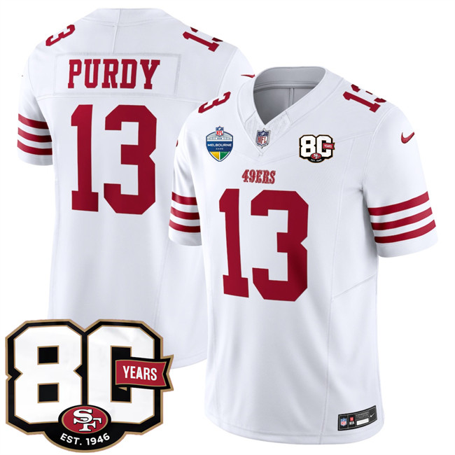 Men's San Francisco 49ers #13 Brock Purdy White 80th Anniversary And Melbourne Game Patch 2026 F.U.S.E. Vapor Untouchable Limited Stitched Football Jersey